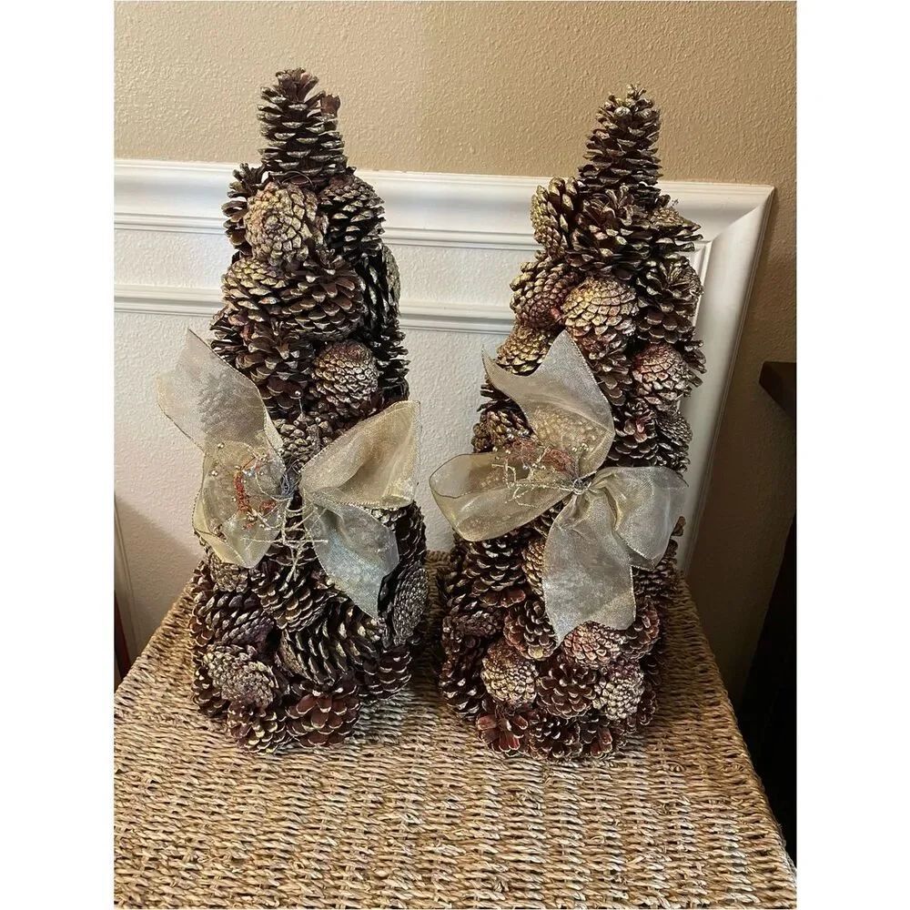 Vintage Pinecone Christmas Trees with Gold Accents set of 2!